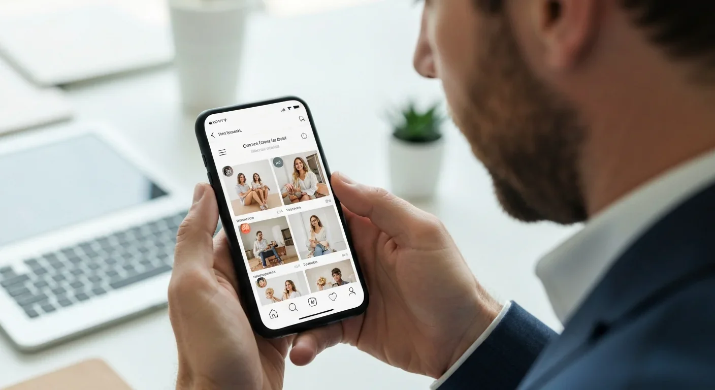 Adult viewing carefully curated social media content on smartphone