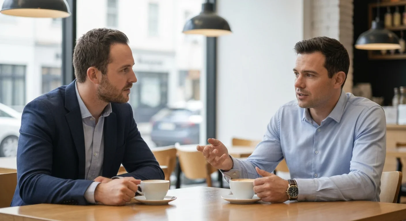 Two adults having meaningful conversation over coffee about life experiences