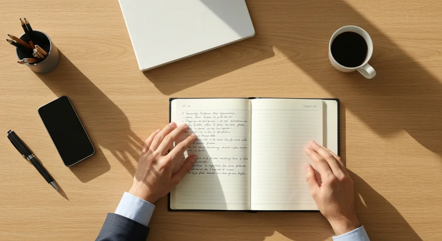 Overhead view of adult's prediction journal on desk with morning coffee
