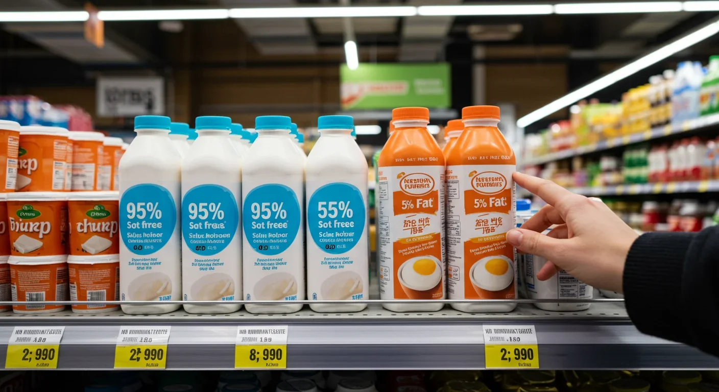 Grocery store shopper choosing between identically framed products with different labels