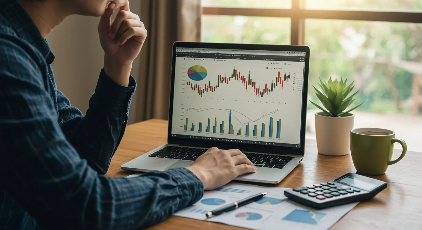 Person analyzing financial information and making investment decisions at home office
