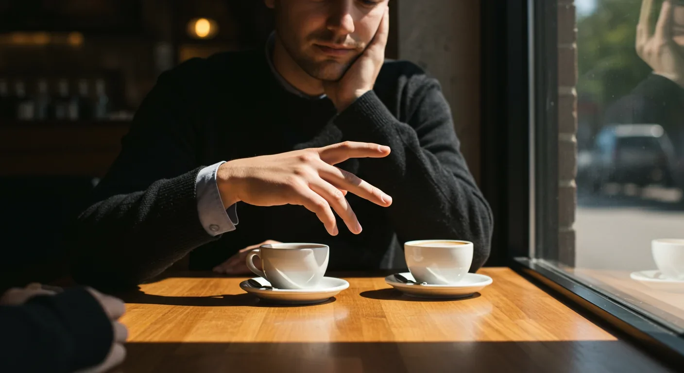 Person deliberating between two coffee cups representing everyday decision-making moments