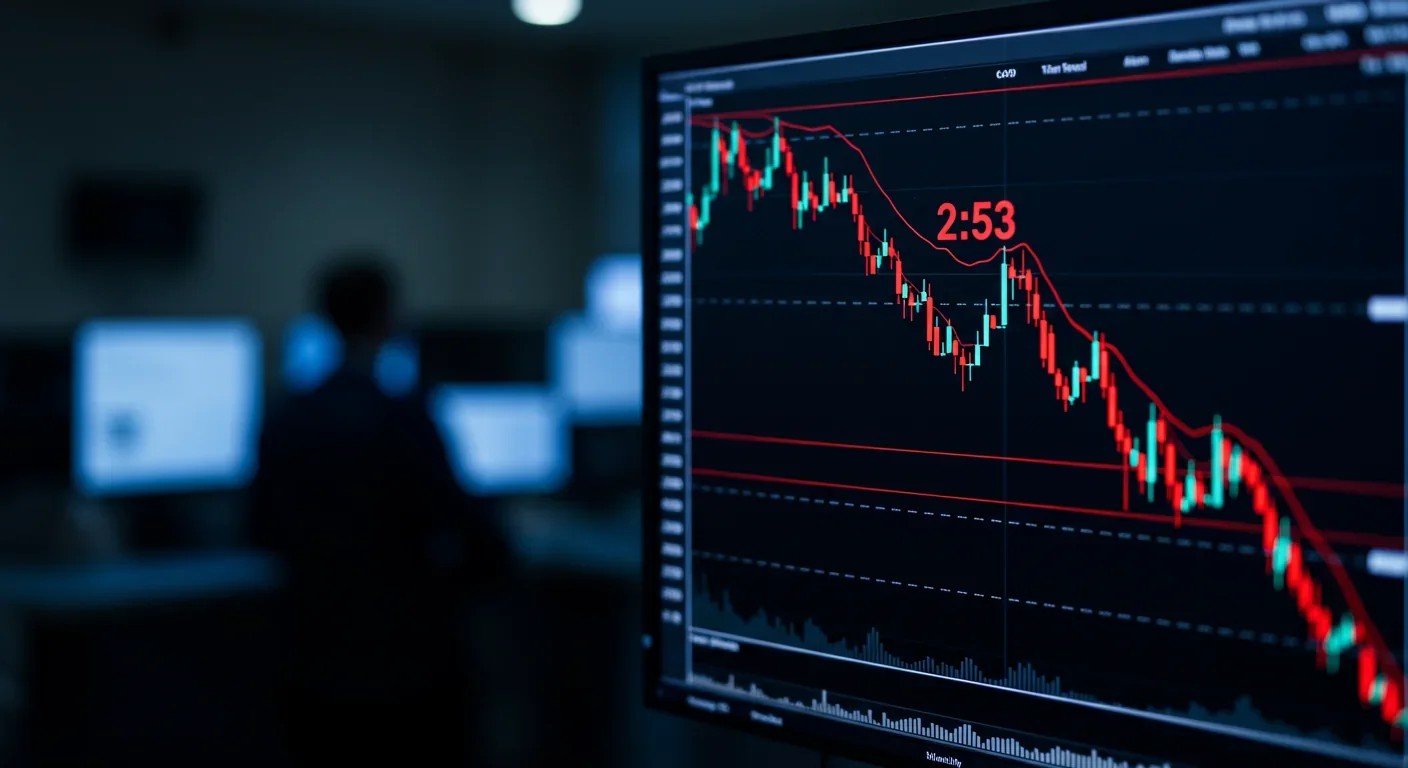 Stock market trading screens showing downward trending charts and financial data