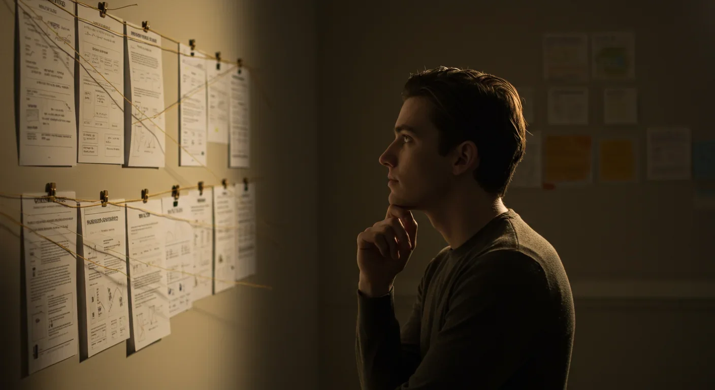 Person examining papers and connections on investigation board showing pattern recognition