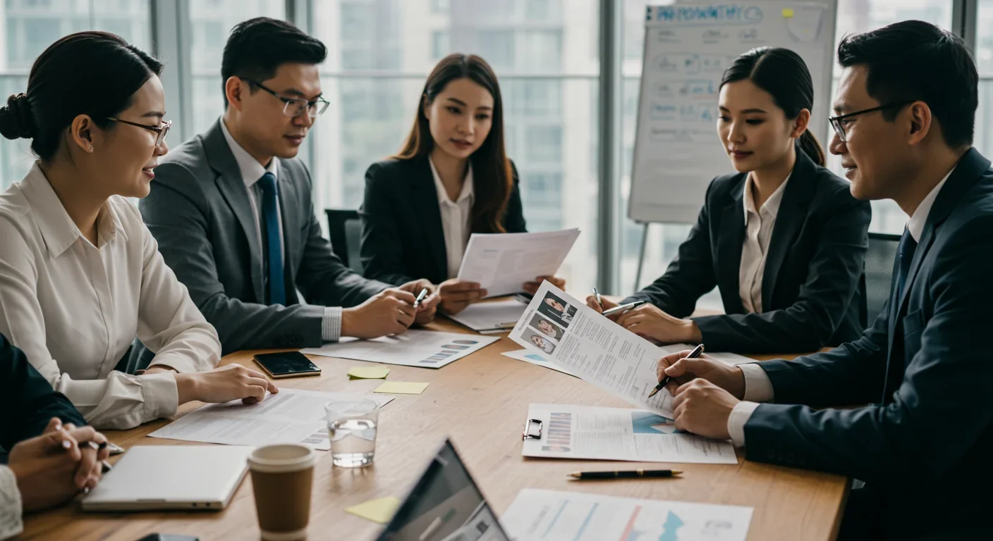 Business professionals reviewing candidate materials in hiring meeting