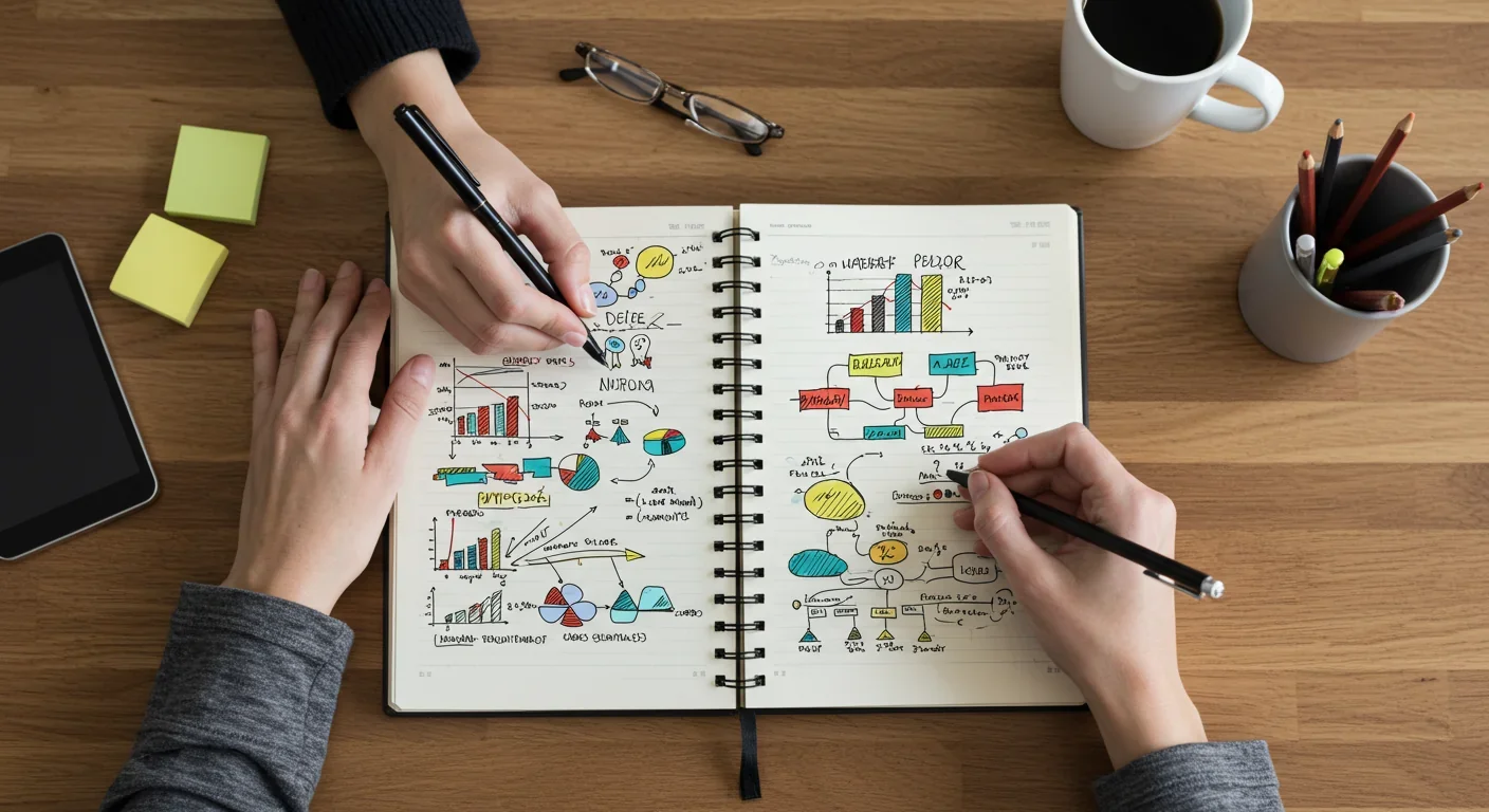 Close-up of hands creating mind maps and written notes for active learning