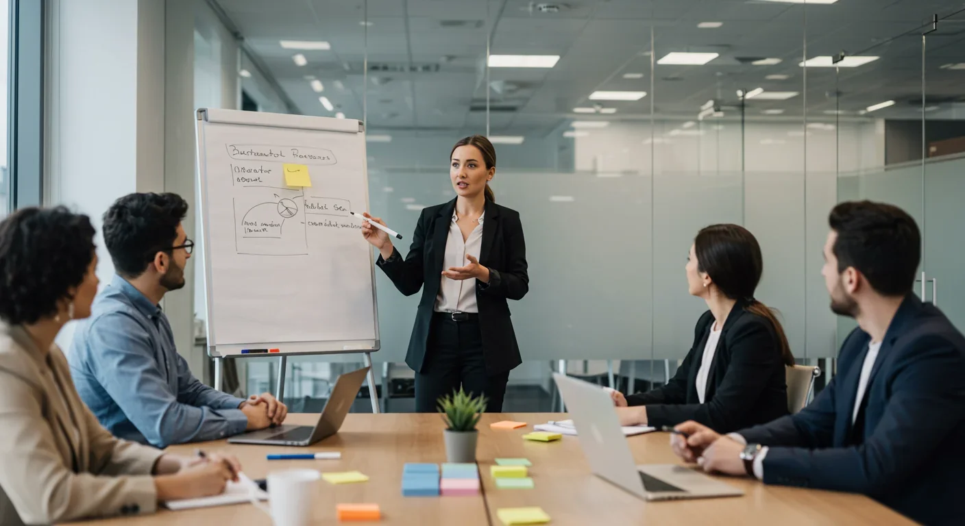 Professional teaching colleagues at whiteboard demonstrating peer instruction