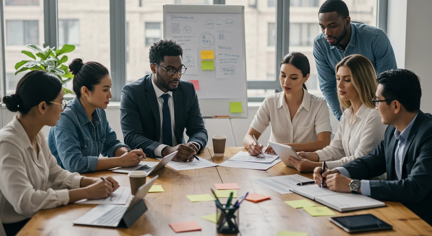 Professional team actively collaborating and generating solutions in workplace setting