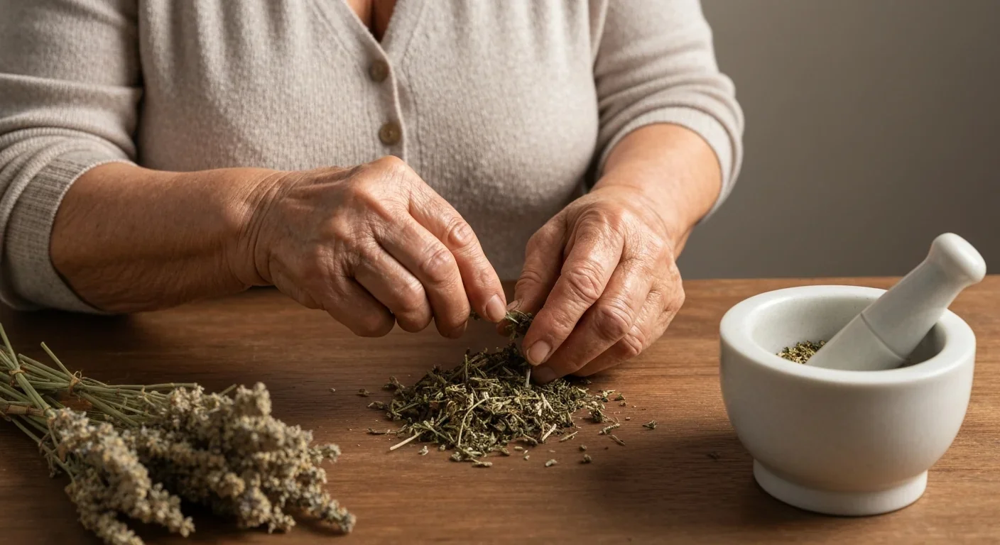 Elderly hands preparing medicinal herbs on wooden table