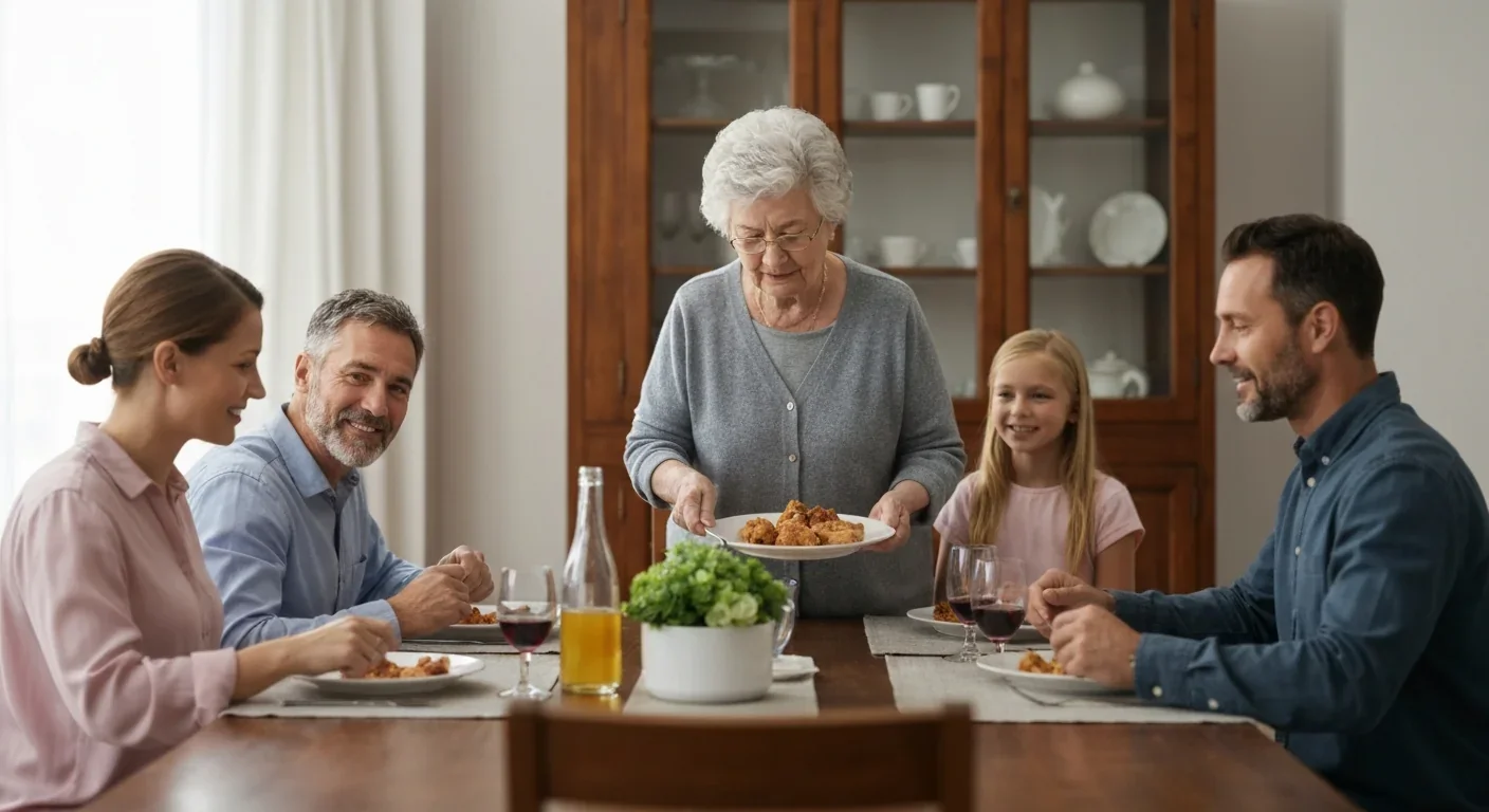 Adult family members gathered for dinner with grandmother