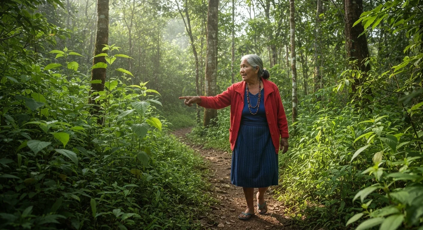 Indigenous elder pointing at plants on a forest path