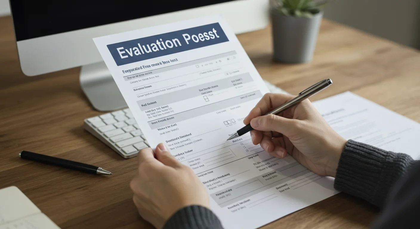 Structured evaluation form with standardized scoring criteria on office desk