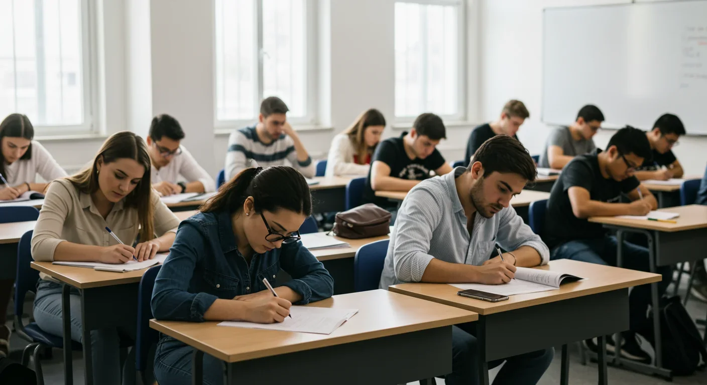 Diverse students taking examination in university classroom setting