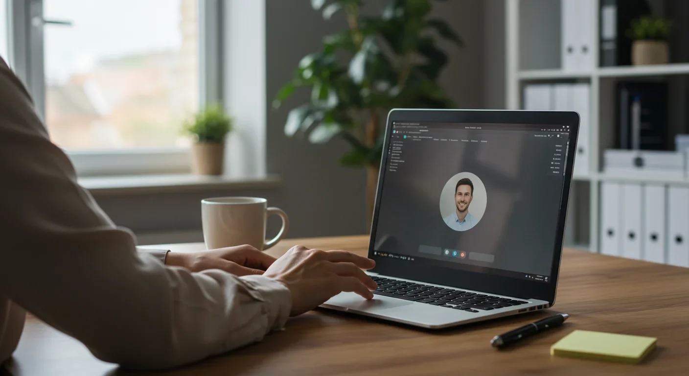 Professional conducting video interview from home office on laptop