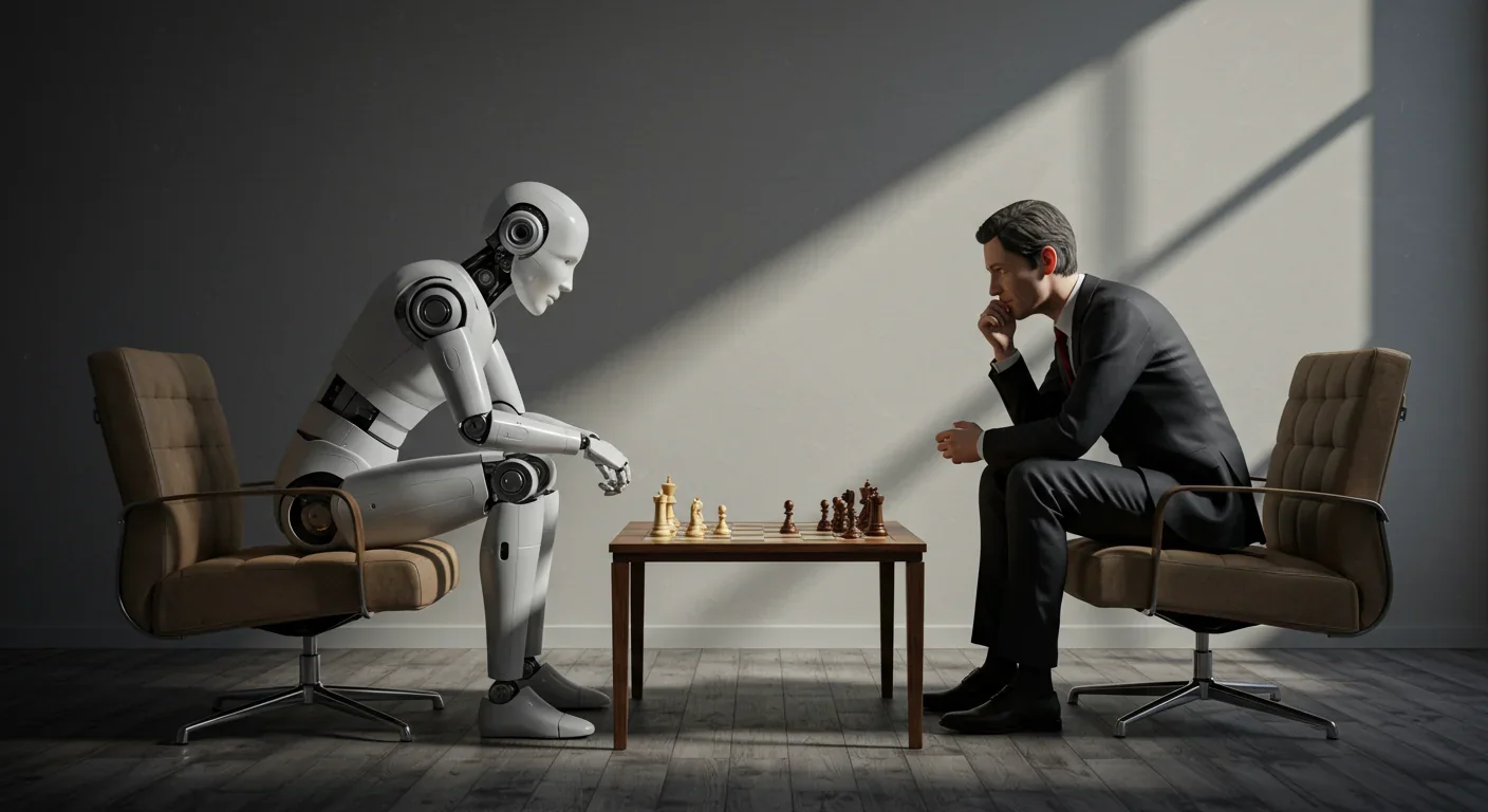 Human and humanoid robot in conversation representing AI consciousness debate