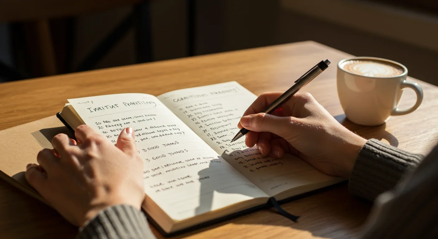Person writing in gratitude journal during morning routine, evidence-based practice to slow hedonic adaptation
