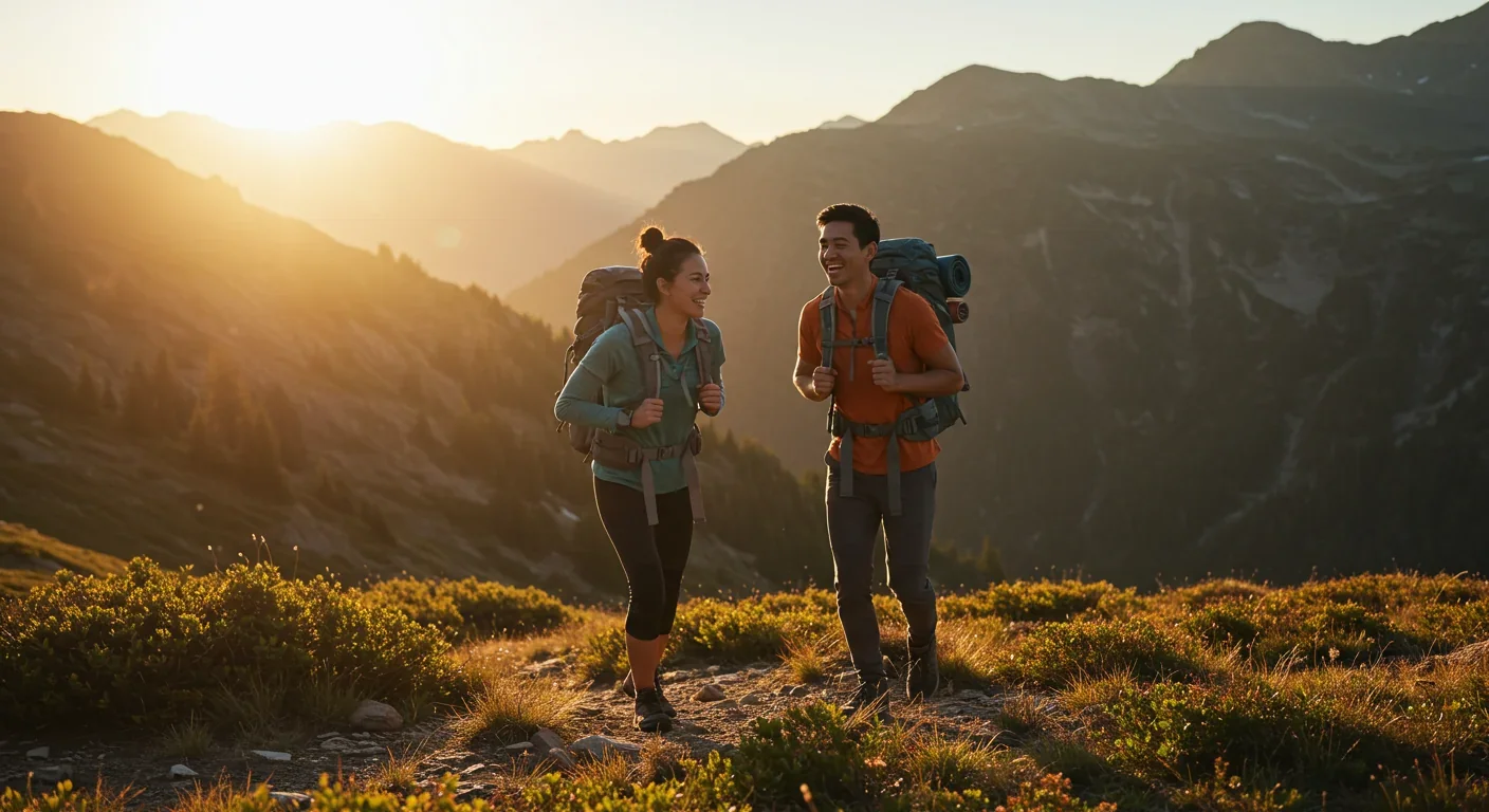 Two hikers sharing joyful moment on mountain trail, illustrating how experiences and relationships resist happiness adaptation