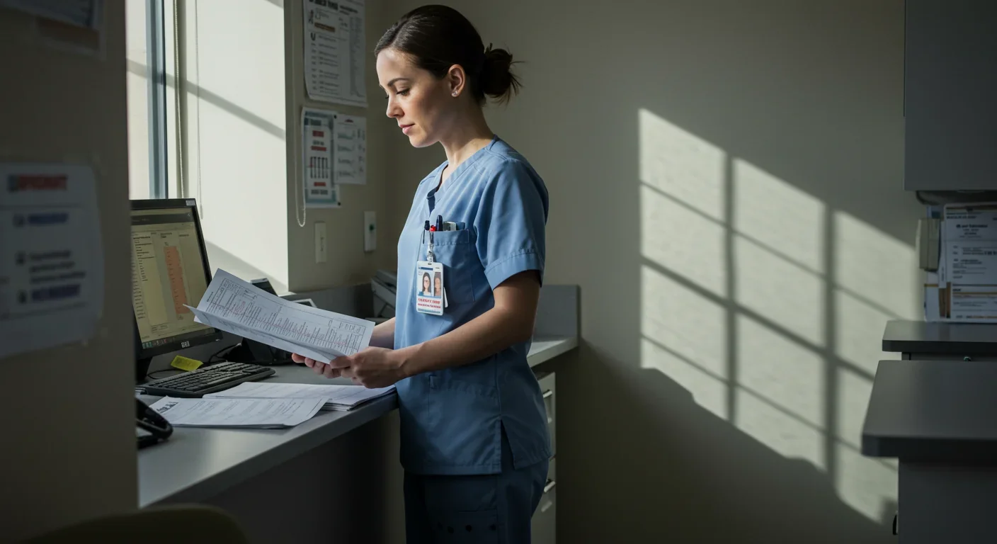 Healthcare professional reviewing patient information at hospital nursing station