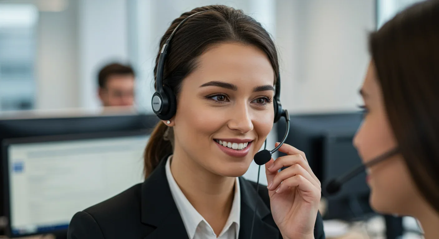 Customer service representative engaging professionally with clients via headset