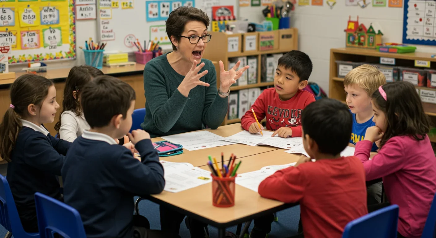 Elementary teacher engaging with students during classroom instruction