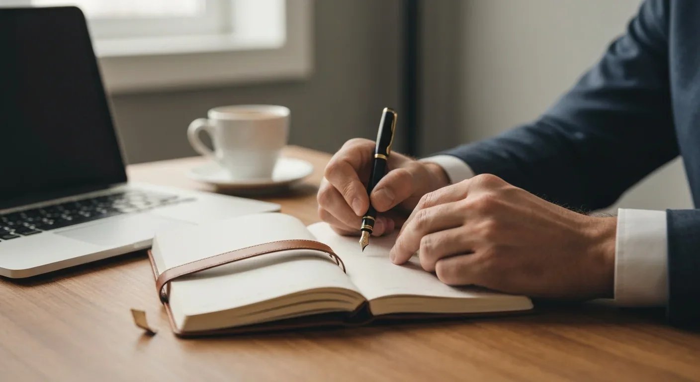 Person writing thoughtful notes in a decision journal at organized workspace