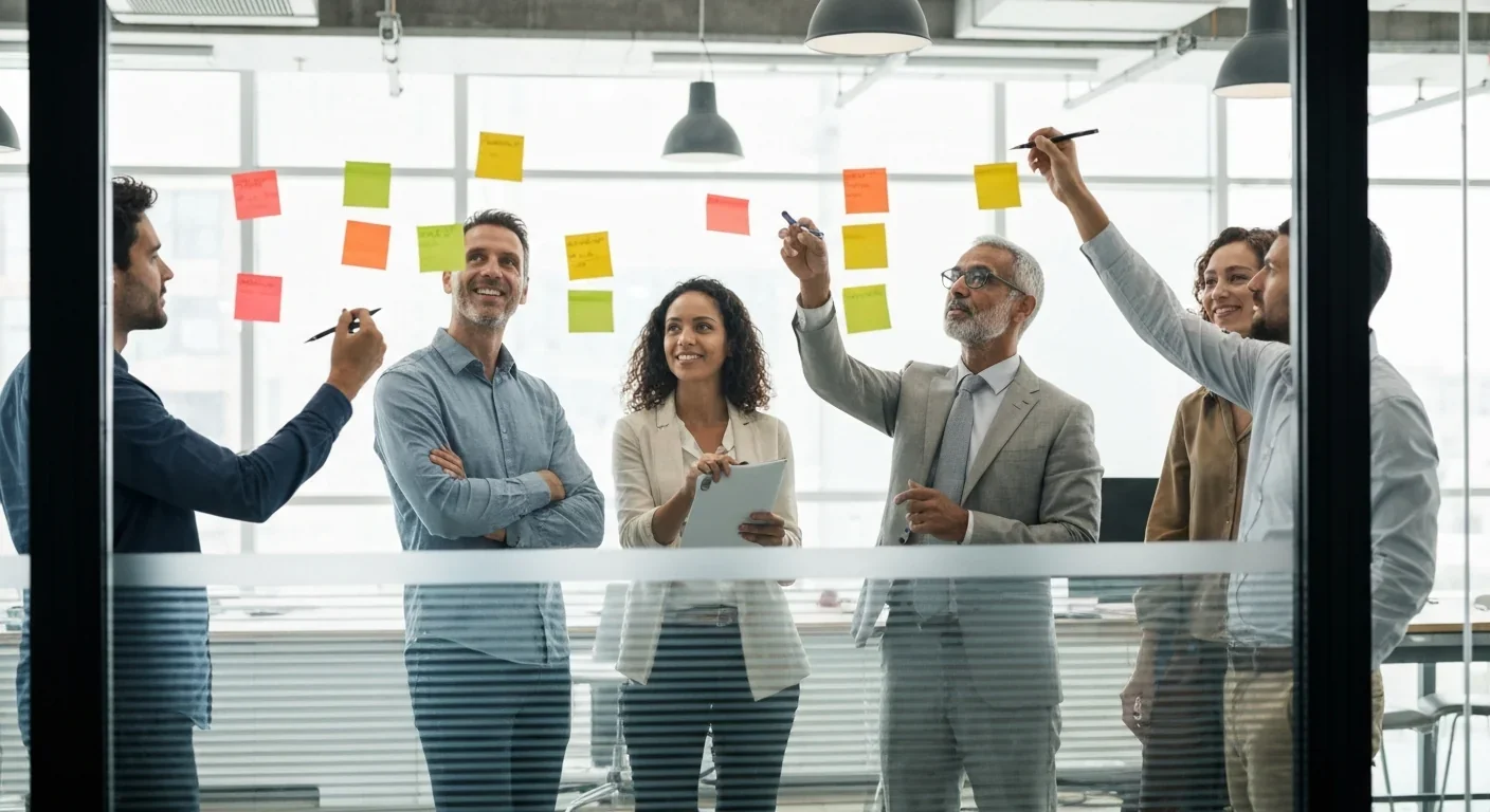 Professional team conducting collaborative planning session with visual aids