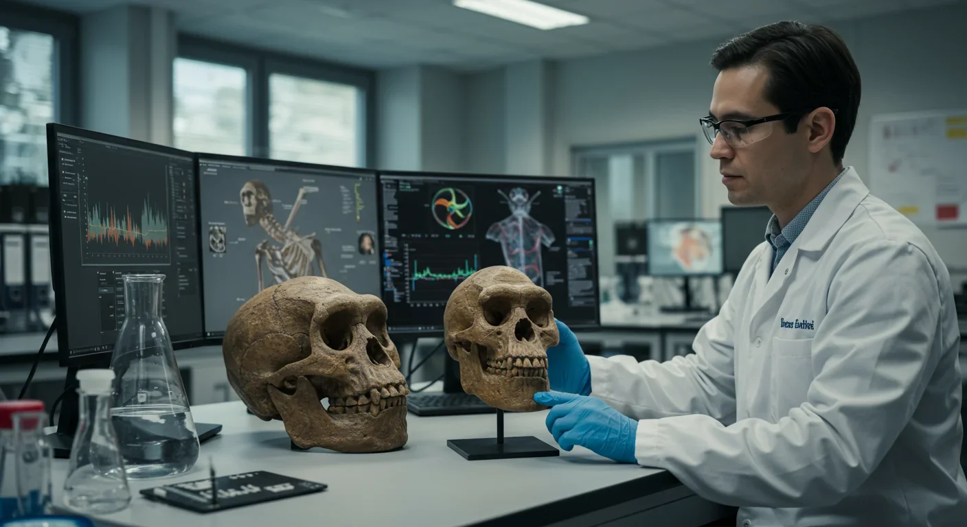 Scientist examining 3D-printed hominin skull replica with genetic data displays in modern lab