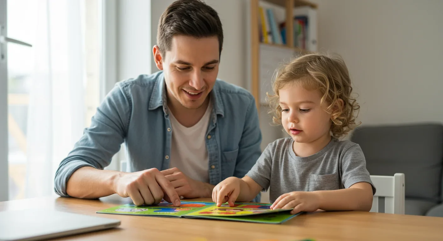 Parent and young child engaged in interactive reading session with picture book at home