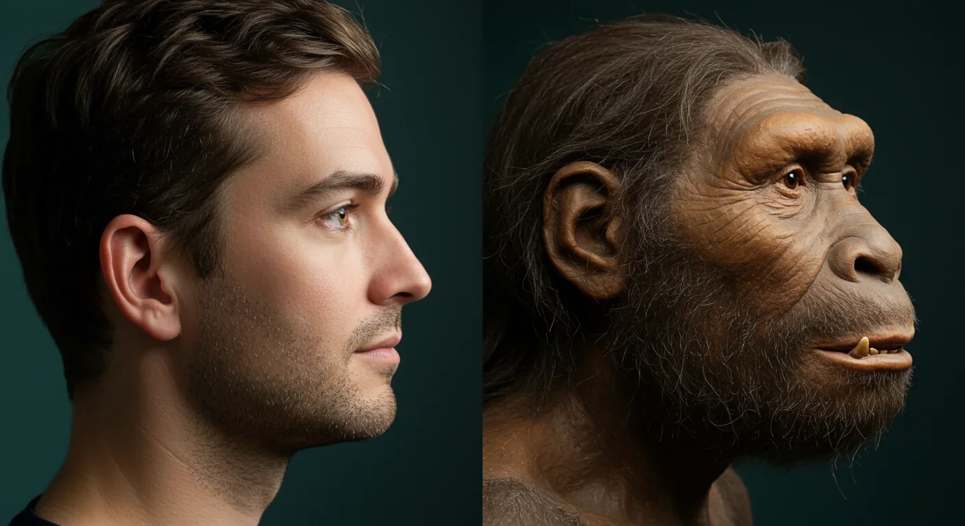 Side-by-side comparison of modern human and Neanderthal facial features showing gracile versus robust skull structure