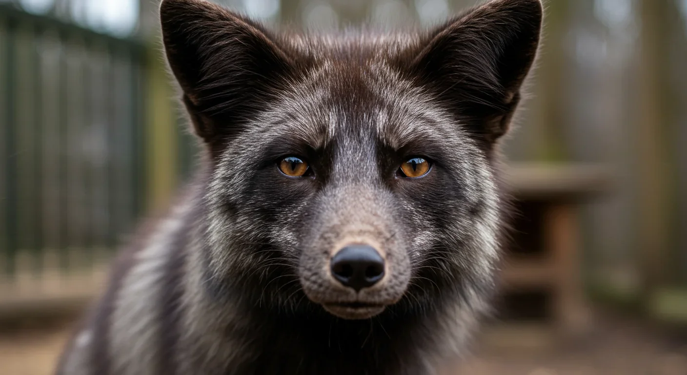 Domesticated silver fox displaying characteristic features including floppy ears and friendly demeanor from selective breeding