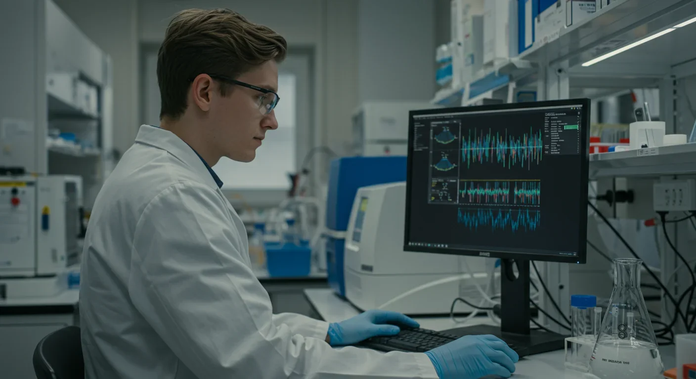 Scientist analyzing genetic data in modern research laboratory studying human evolution