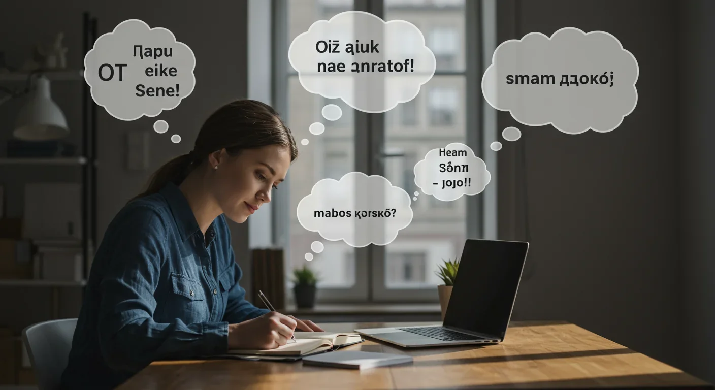 Person journaling with multilingual thought bubbles showing different conceptual frames