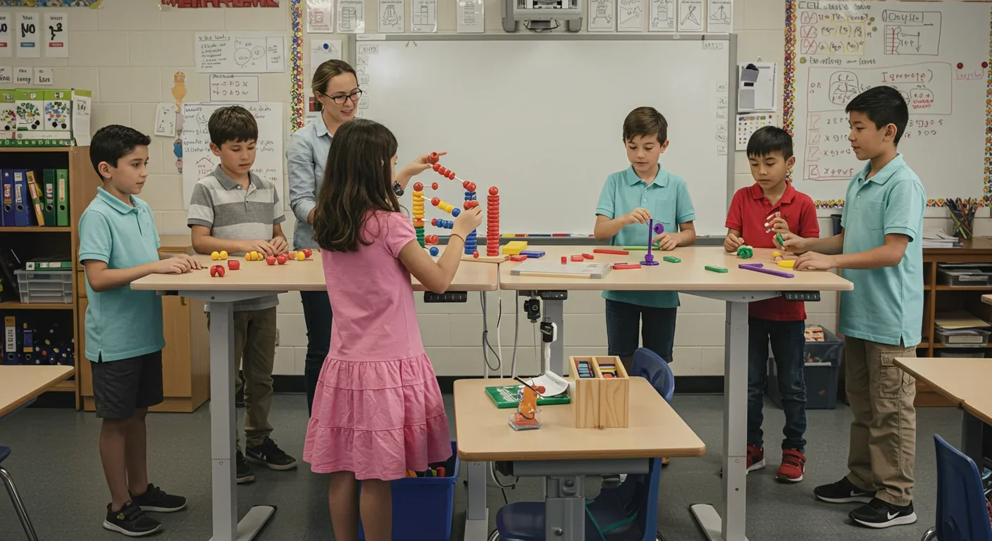 Elementary students using standing desks and physical manipulatives for hands-on math learning in classroom