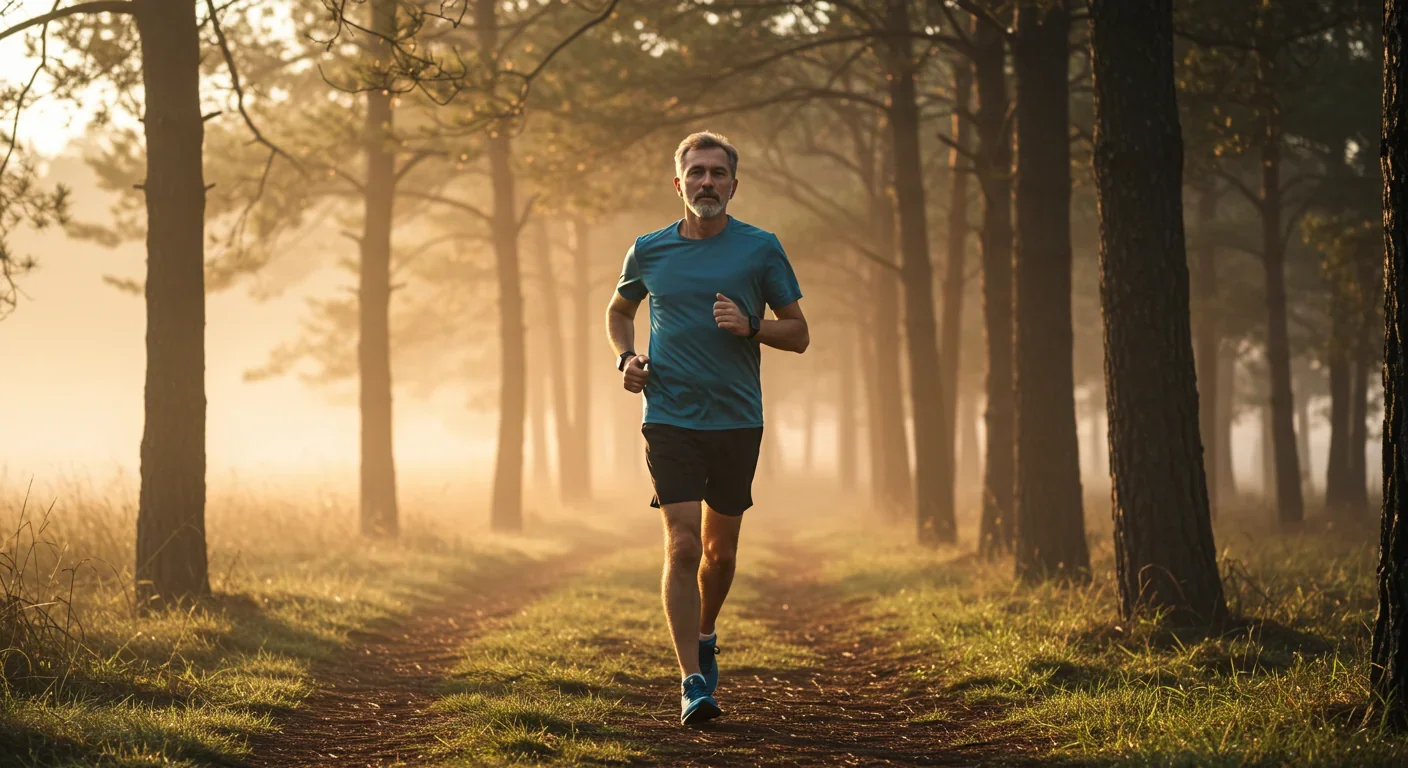 Man jogging on forest trail at sunrise demonstrating exercise for brain health and neuroplasticity