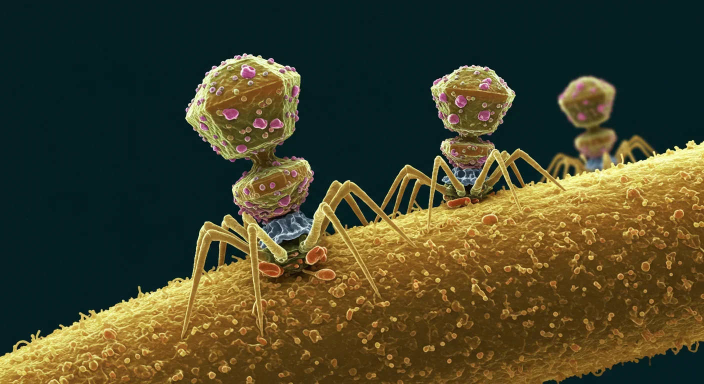 Bacteriophages attacking bacterial cell surface under microscope