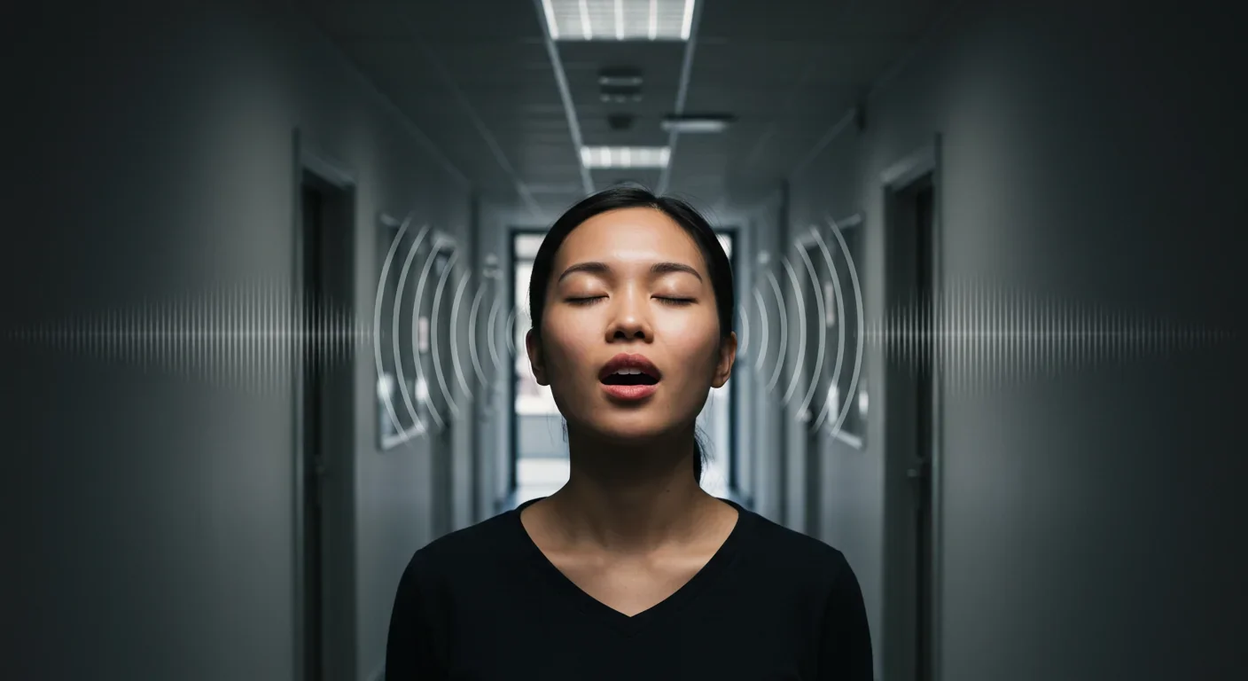 Person using echolocation with tongue clicks in hallway showing sound wave reflections