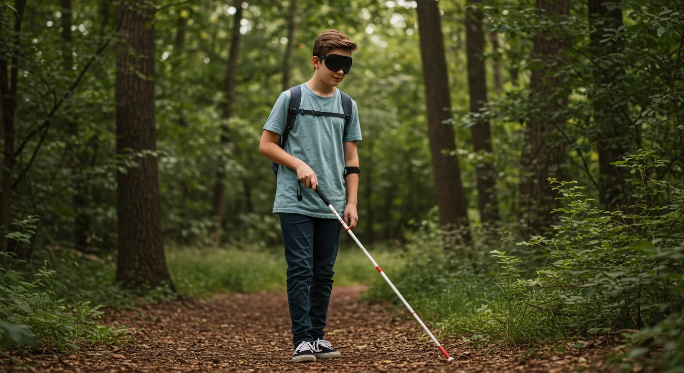 Blind teenager using echolocation and white cane to navigate outdoor trail confidently