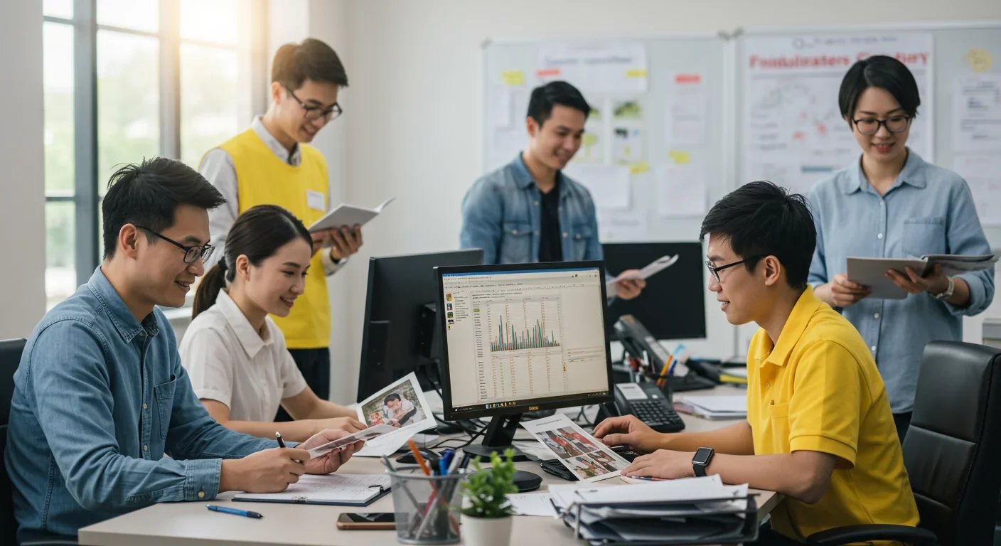 Charity workers reviewing individual cases and statistical data for aid allocation