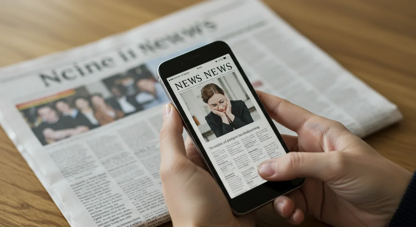 Person engaged with emotional story on phone while statistical news remains unread