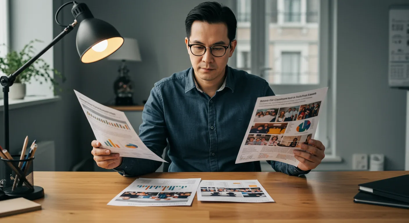 Diverse team collaborating around a table with documents and technology