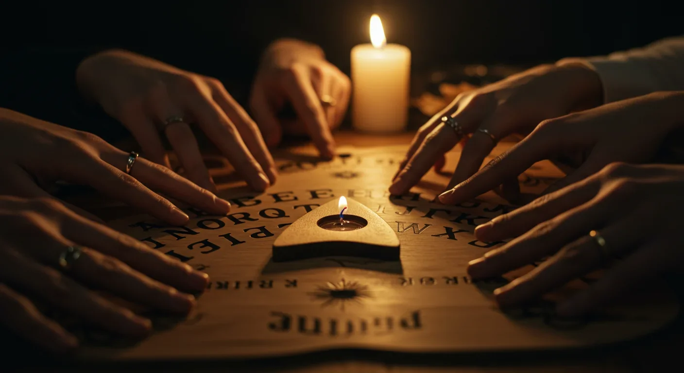 Multiple hands touching Ouija board planchette demonstrating ideomotor effect during group session