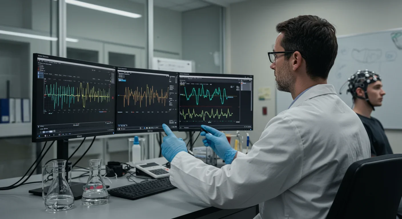 Neuroscientist analyzing EEG brain activity patterns related to motor preparation and ideomotor responses