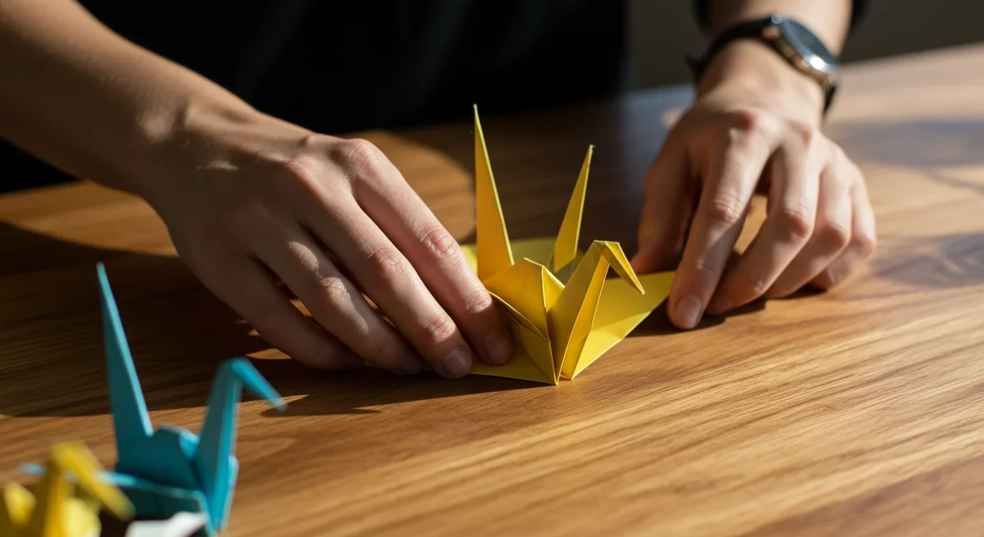 Hands carefully folding colorful origami paper crane on wooden surface