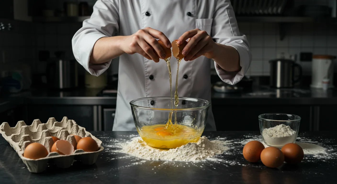 Baker adding fresh eggs to cake batter in bright modern kitchen