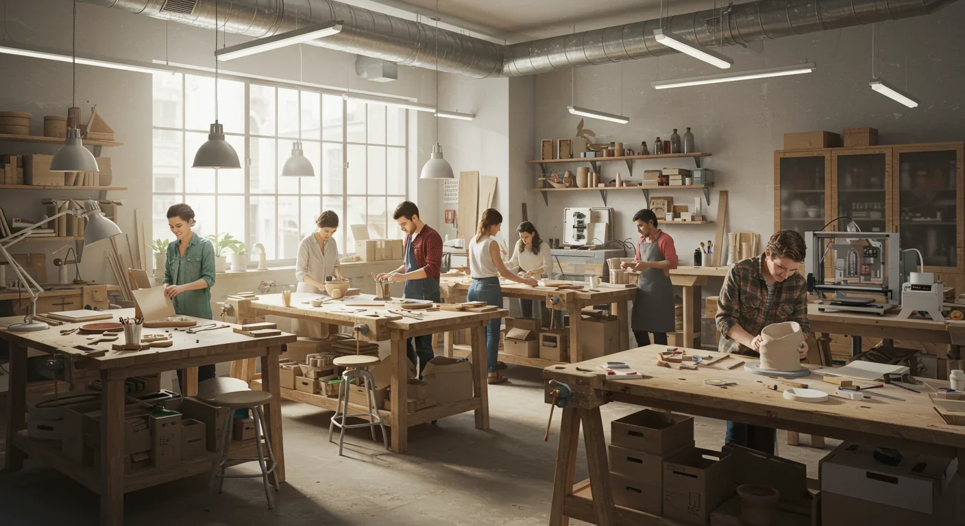 People working on creative projects in collaborative maker space workshop