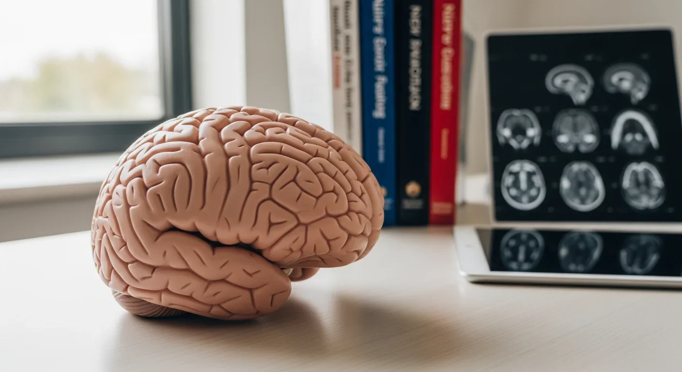 Brain model and neuroscience materials illustrating cognitive bias research