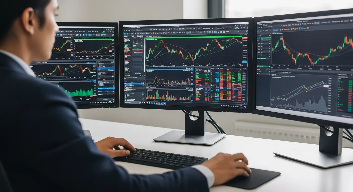 Professional trader analyzing stock charts on multiple monitors