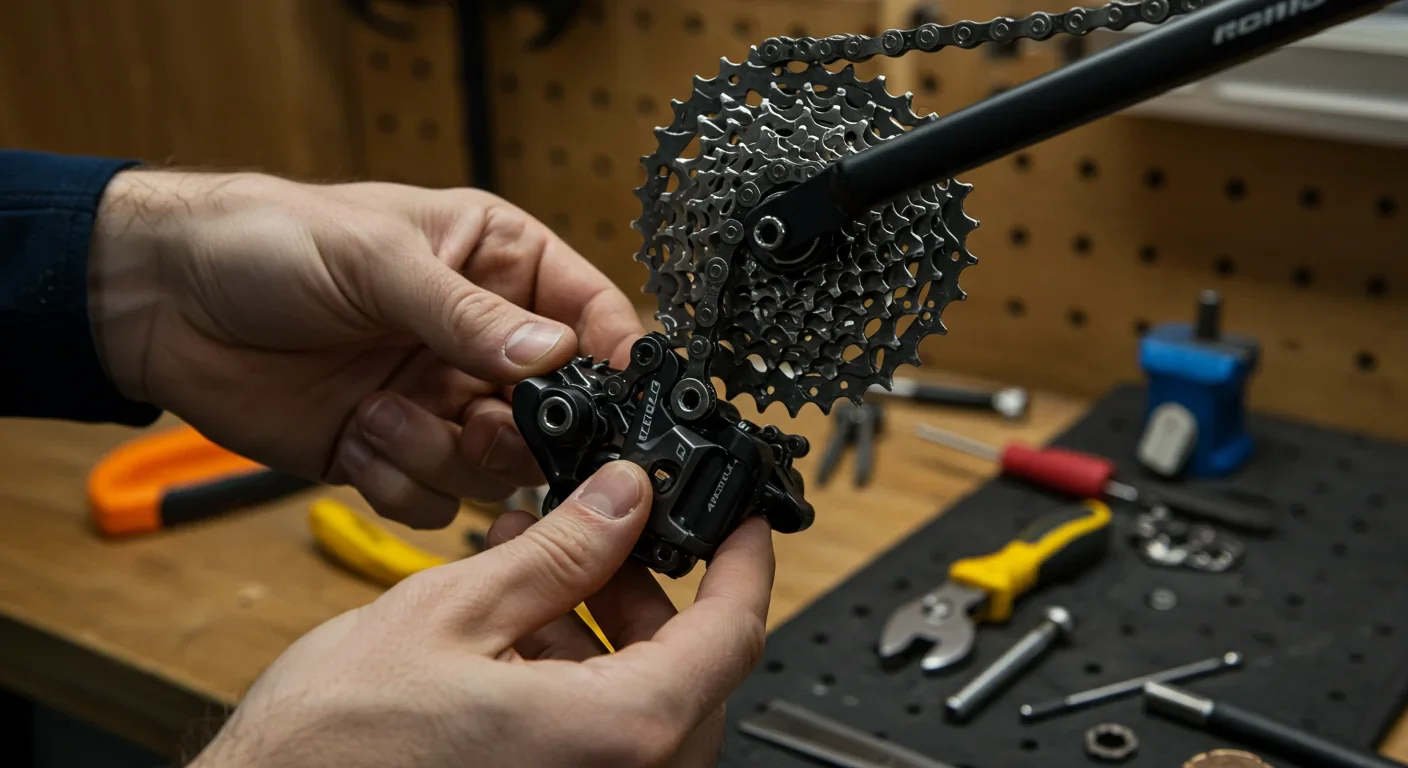 Detailed view of hands working on bicycle gear mechanism showing complex chain and sprocket system
