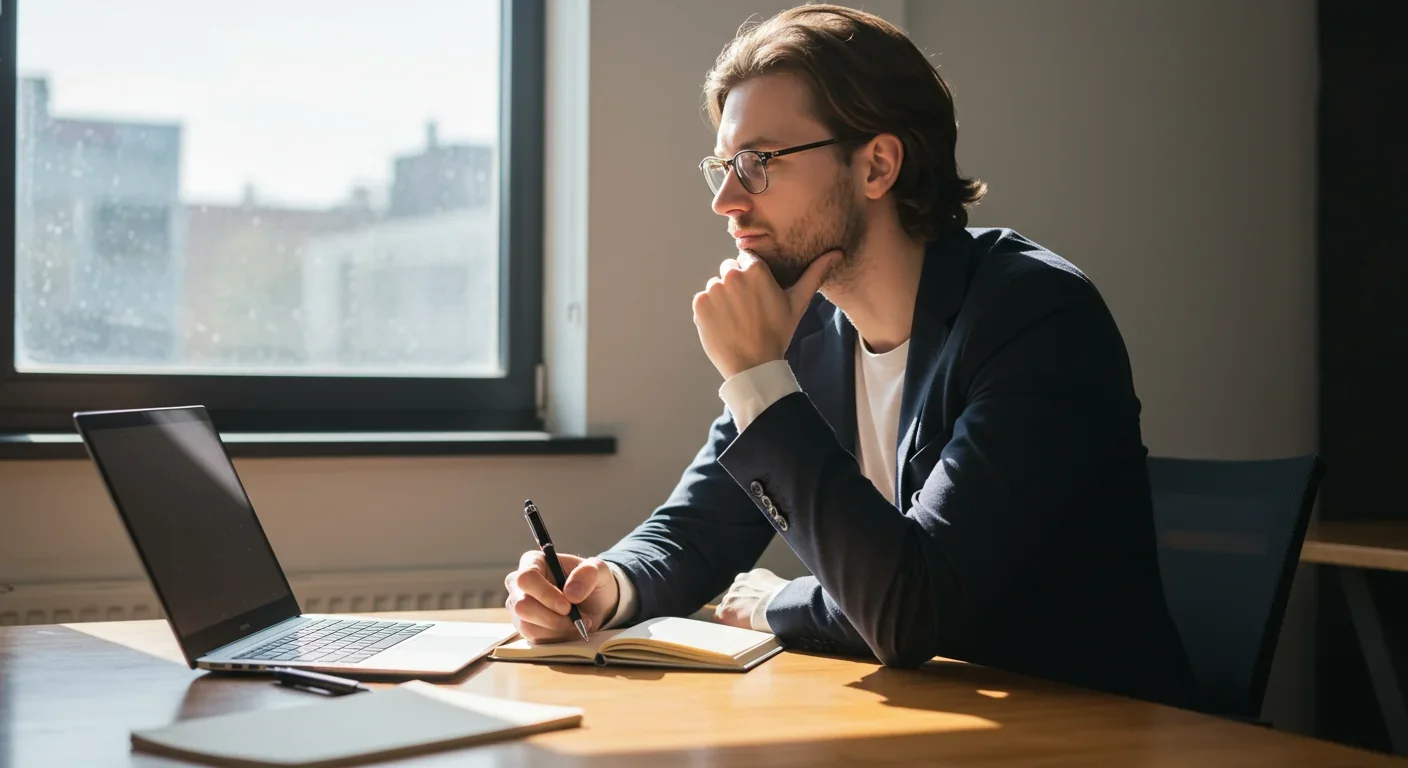 Person engaged in thoughtful reflection and note-taking at desk in naturally lit home office workspace