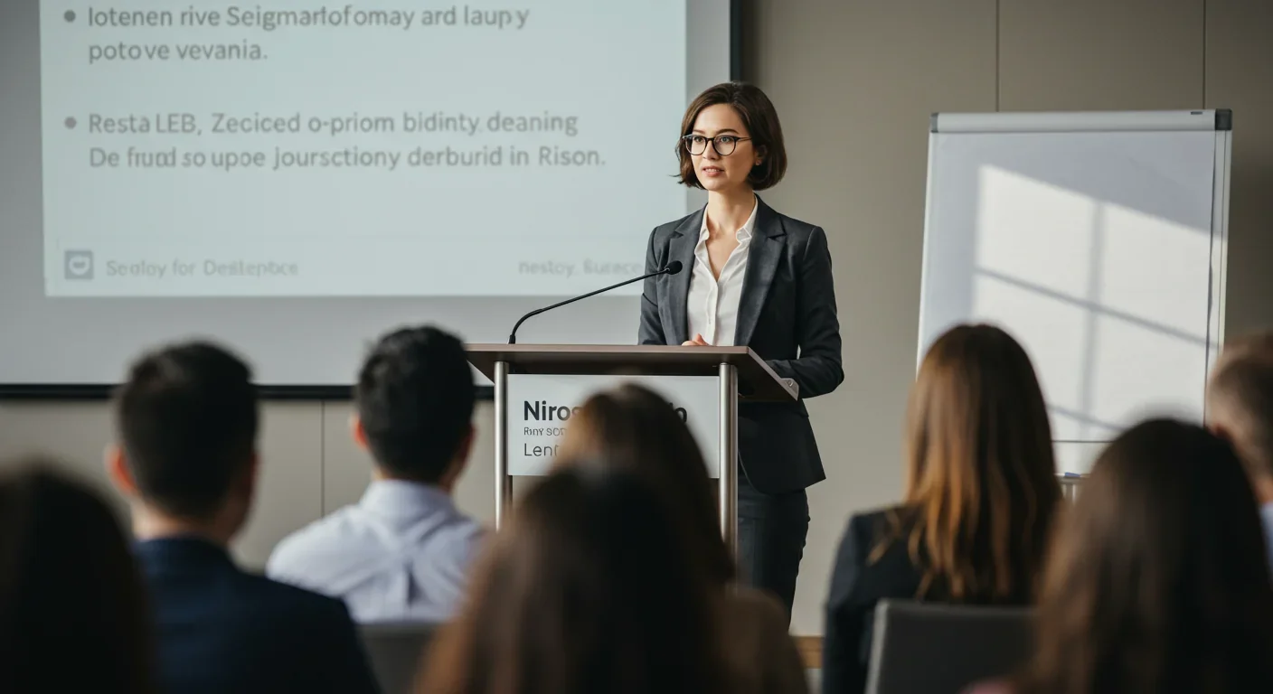 Professional woman delivering confident presentation at podium with audience in foreground